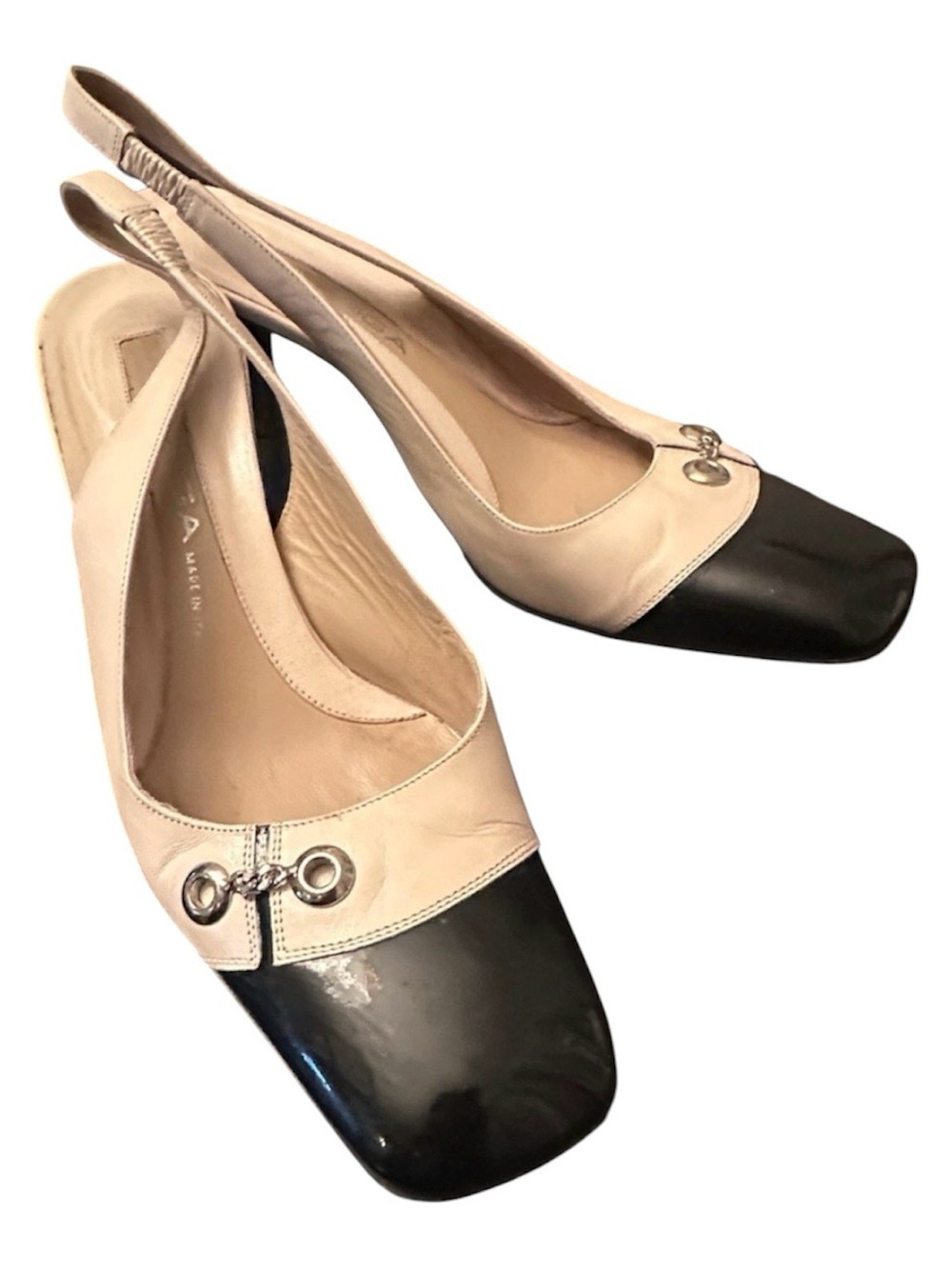 VIA SPIGA CHANEL INSPIRED CAP TOE SLINGBACK CREAM W/BLACK TOE KITTEN HEEL SZ 8.5